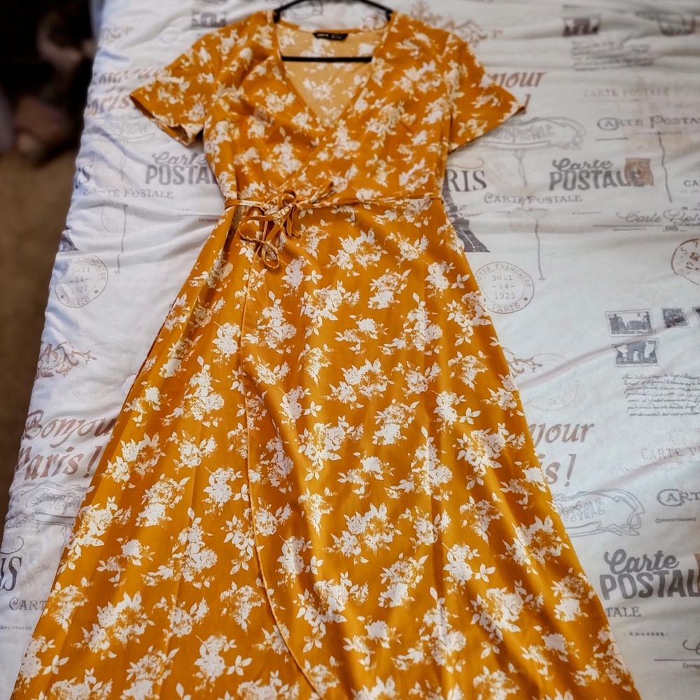Shein, long, yellow floral, XS wrap dress